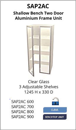 SAP2AC Shallow Bench Two Door Aluminium Frame Unit Clear Glass 3 Adjustable Shelves 1245 H x 330 D