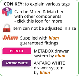 ICON KEY: to explain various tags  Item can not be adjusted in size METABOX drawer system by blum ANTARO WHITE drawer system by blum Supplied with blum guaranteed fittings Can be Mixed & Matched with other components - click this icon for more