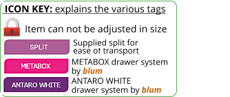 ICON KEY: explains the various tags  Item can not be adjusted in size ANTARO WHITE drawer system by blum METABOX drawer system by blum ease of transport  Supplied split for